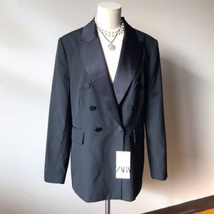 ZARA Black Satin Contrast Tuxedo Double Breasted Blazer Jacket sz Large